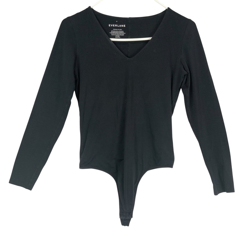 Everlane Black Bodysuit Medium Snap V-Neck Long Sleeve Supima Cotton Thong